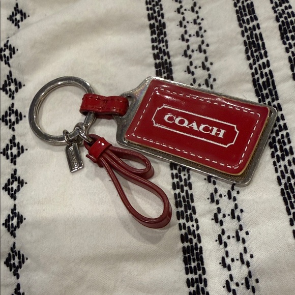Coach Red Leather Key Fob hangtag designer silver keychain women’s ribbon - Picture 2 of 5